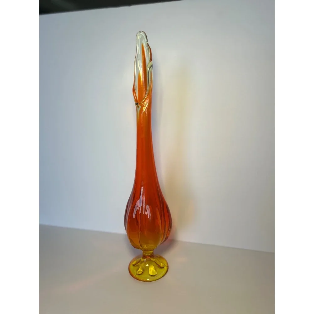 Viking Glass‎ Swung Vase Persimmon Orange Yellow 6 Petal Footed MCM 16.5 Inch